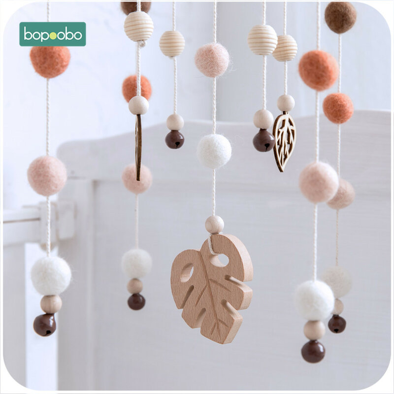 Bopoibo 1Set Manik-manik Silikon Bayi Ponsel Pohon Beech Burung Kayu Mainan Kerincingan Bola Wol Kamar Anak Tempat Tidur Gantung Dekorasi Produk Perawatan Anak-anak