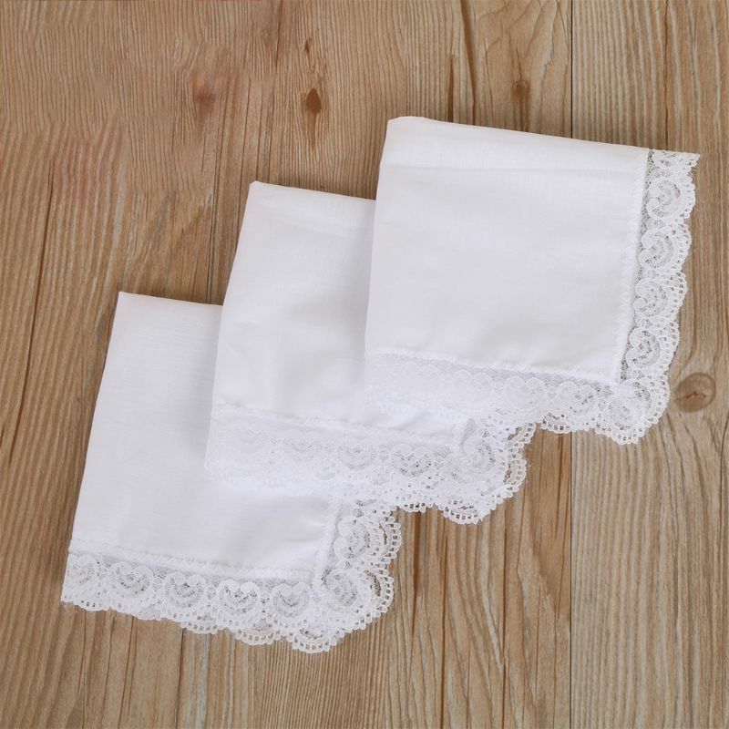Women Plain White Square Handkerchiefs Crochet Peach Heart Scalloped Lace Trim Bridal Wedding DIY Cotton Napkin Hankies 25x25cm