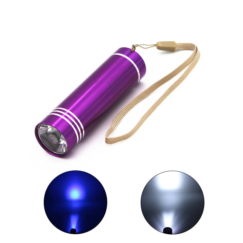 Mini lanterna de alumínio branca/uv, lanterna de luz ultravioleta multicolorida com 3x baterias aaa