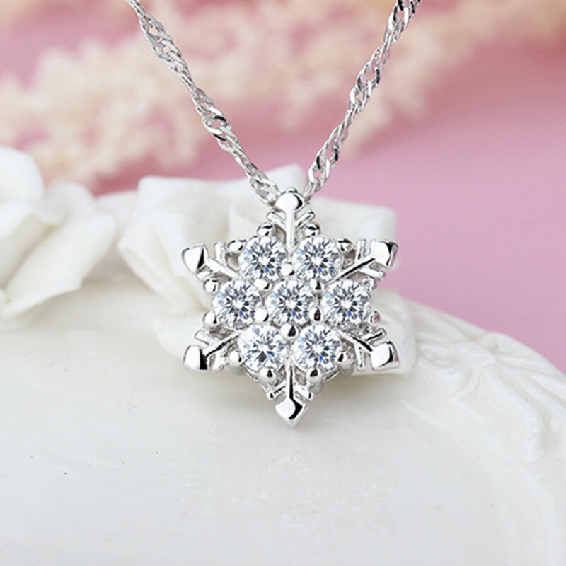 High Quality 5 Colours Snowflake 925 Sterling Silver Needle Necklace  With AAA Clear Crystal For Women Female Engagement Jewelry