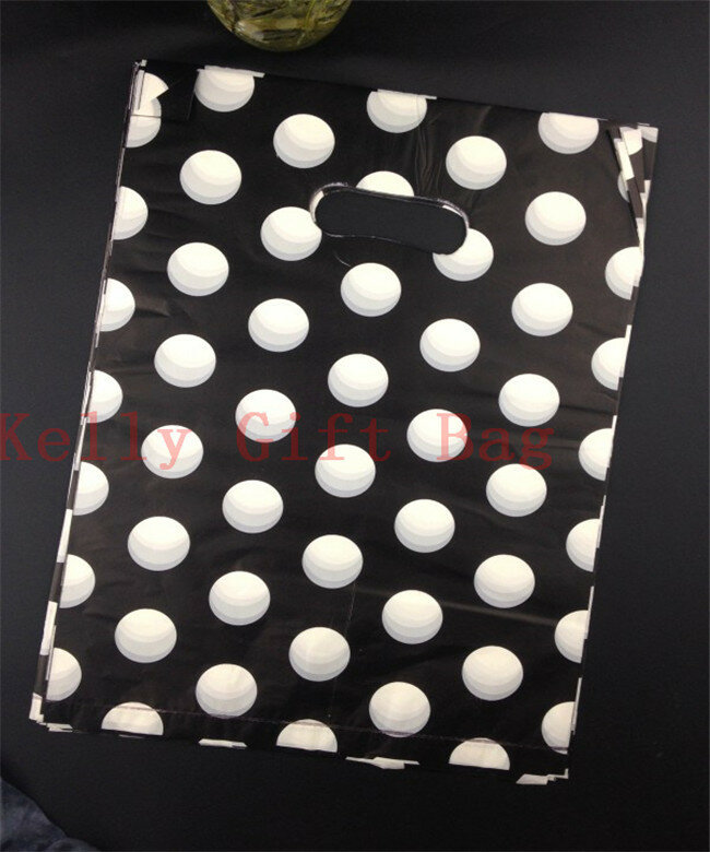 Großhandel 100 teile/los 25x35 cm Runde Dots Black Plastiktüte Boutique Kleidung Schmuck Verpackung Taschen Kunststoff Niedlichen Geschenk Beutel