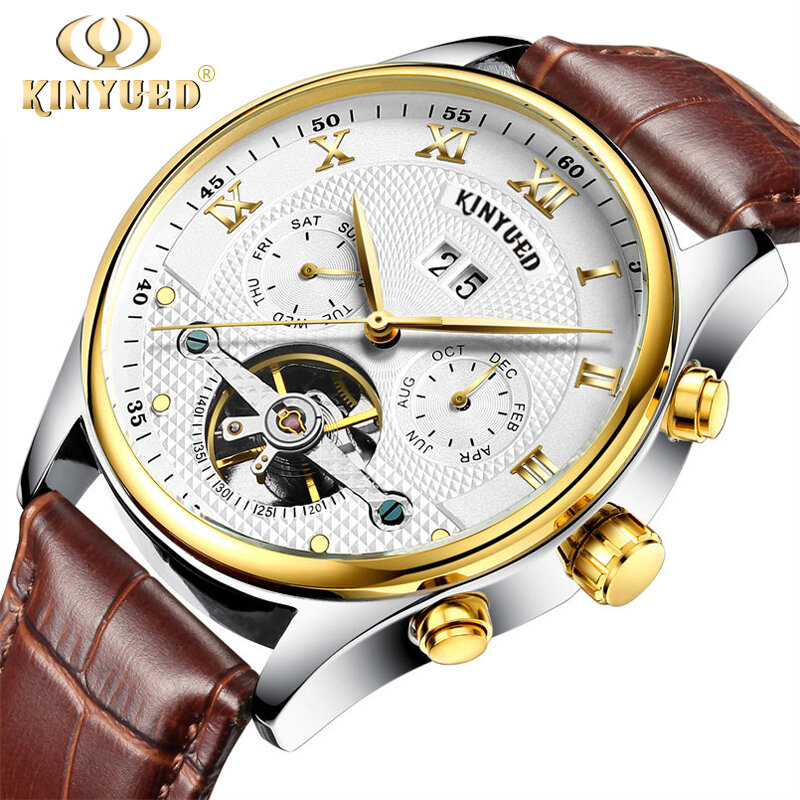 Kinyued Mechanical Watch Men Tourbillon Automatic Self-wind Waterproof Gold Hand Watches Skeleton Male Leather Strap Wristwatch