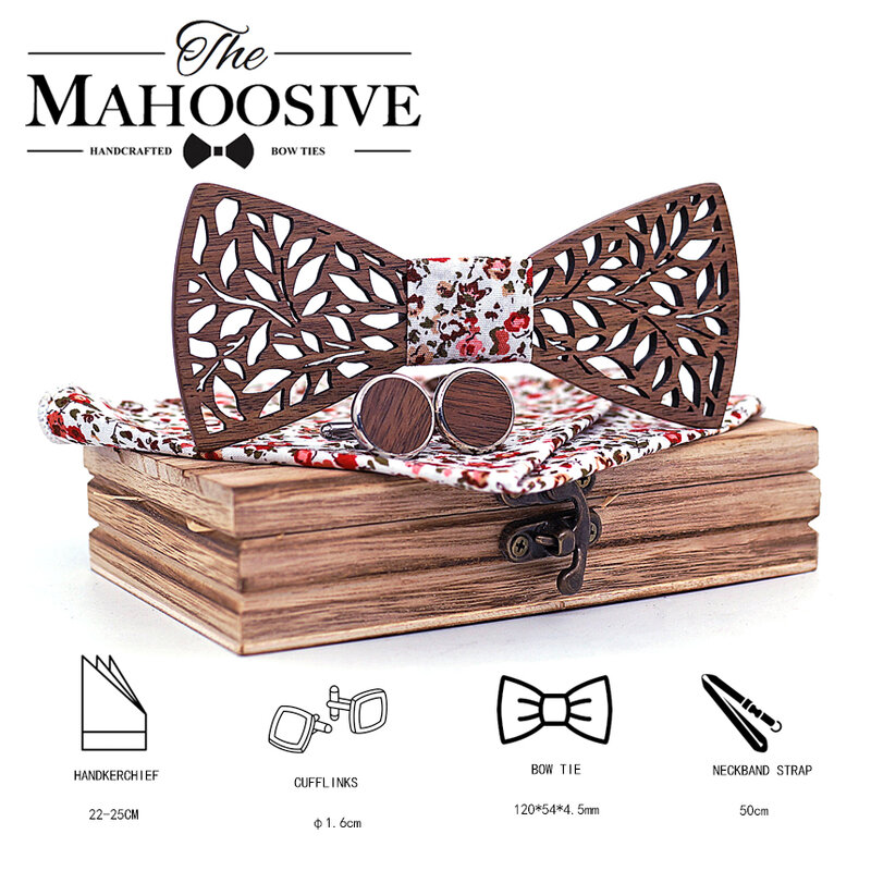Mahoosive Fashion Mens Handmade handkerchiefs Wood and Cufflinks Wooden Bow Tie Pre-tied Bowtie For Wedding Party Wood Gift Box