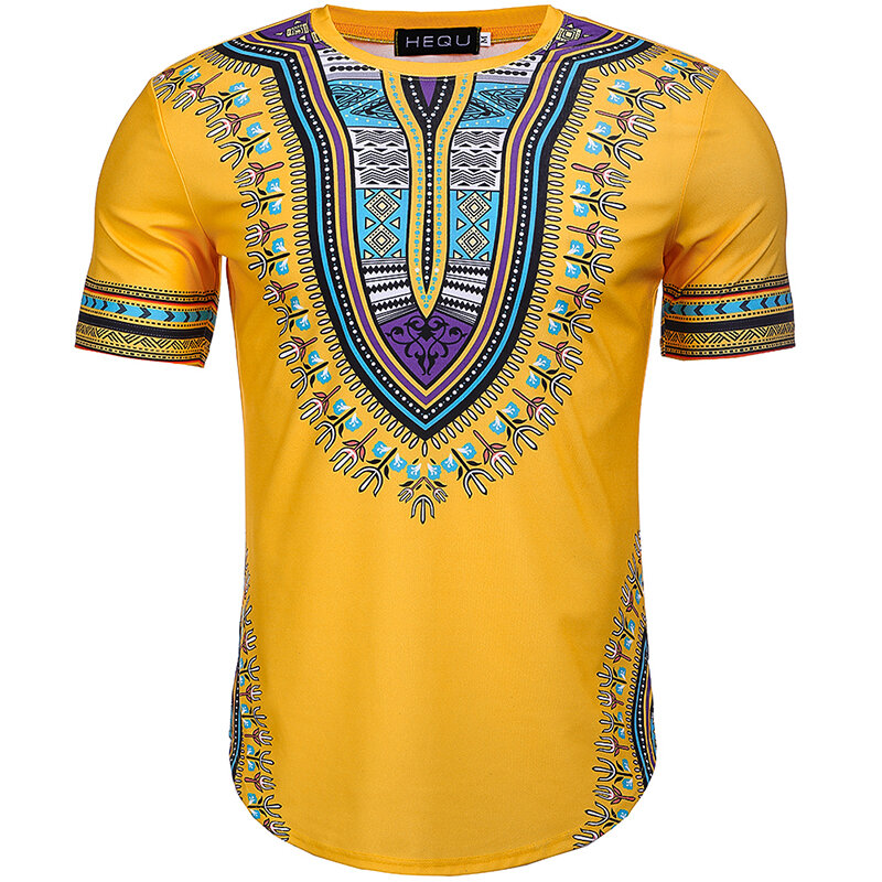 2019 estilo africano estampado camiseta Dashiki para hombre cuello redondo amarillo colorido manga corta camiseta jersey Festival Top para los hombres