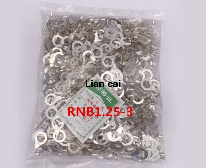 1000PCS RNB1.25-3 Non-Insulated แหวนขั้วไฟฟ้า Crimp Naked เชื่อมต่อ AWG 22-16