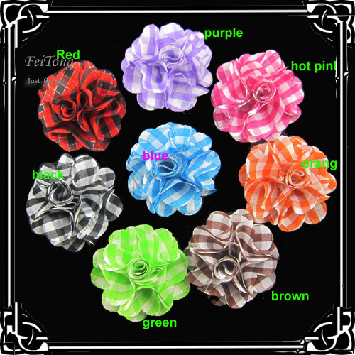 Free shipping!24pcs/lot 2.3 inch  New   checked fabric flowers   8colors for your choice