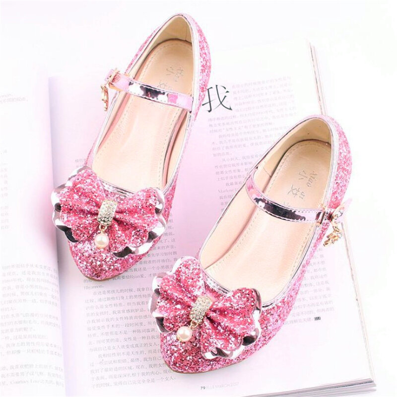 Gold Silver Pink Blue fashion sequin princess shoes pearl girls shoes spring girls small high heels bow children's dance shoes