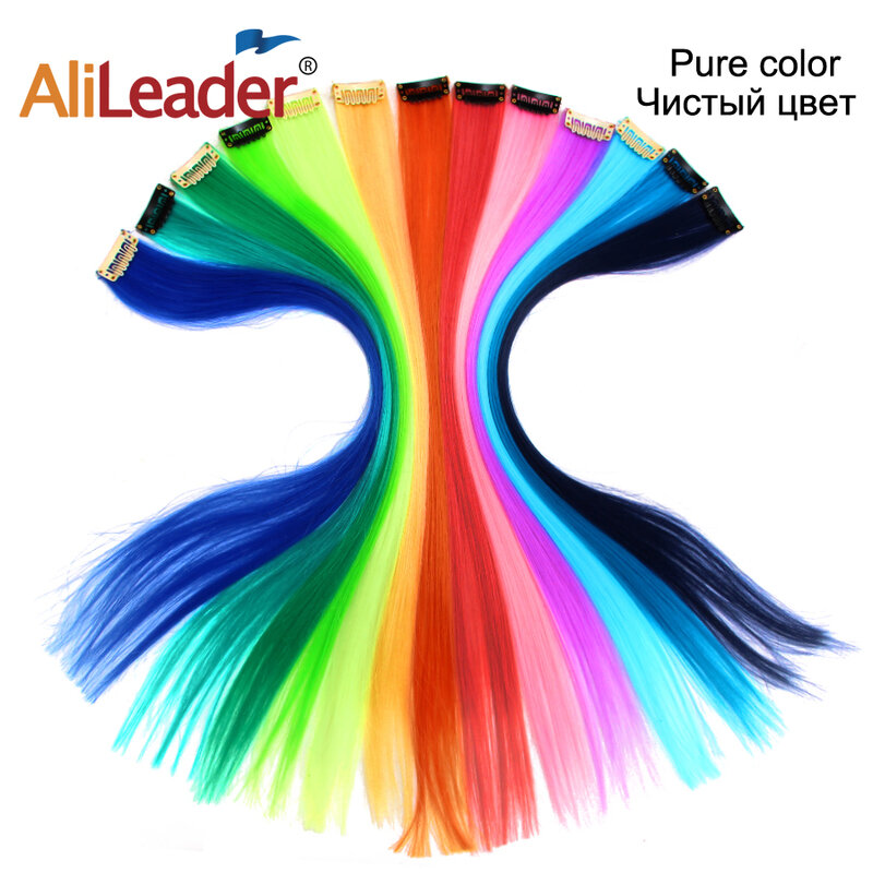 Alileader Synthetic Clip In One Piece Hair Extensions 50Cm Straight Long Hairpieces Women Girls Rainbow 57 Colors 12G/Pcs