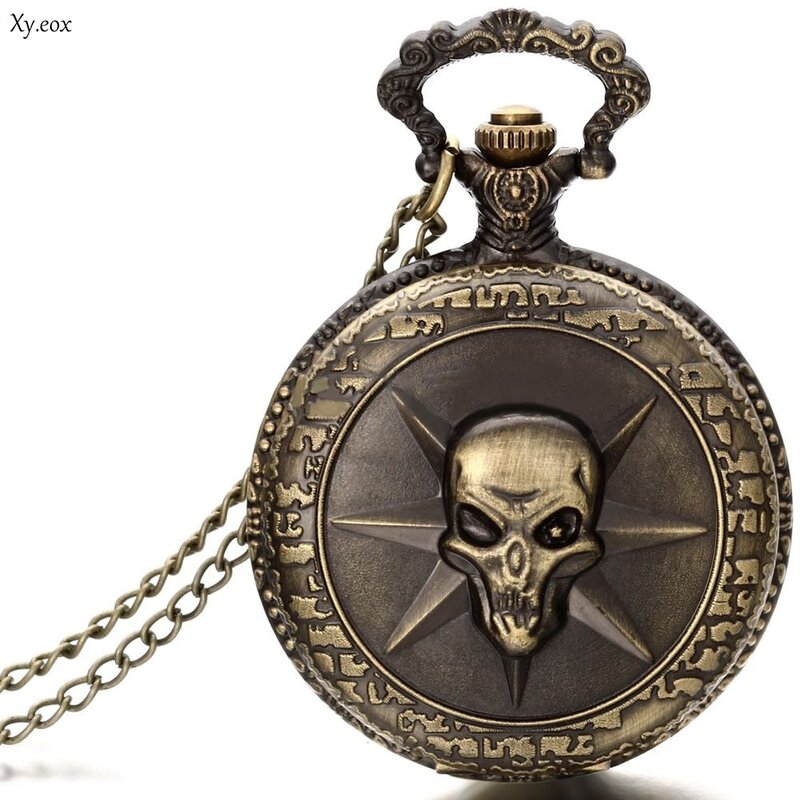 Steampunk Punk Bronze Star Skull Quartz Pocket Watch Pendant Chain Necklace