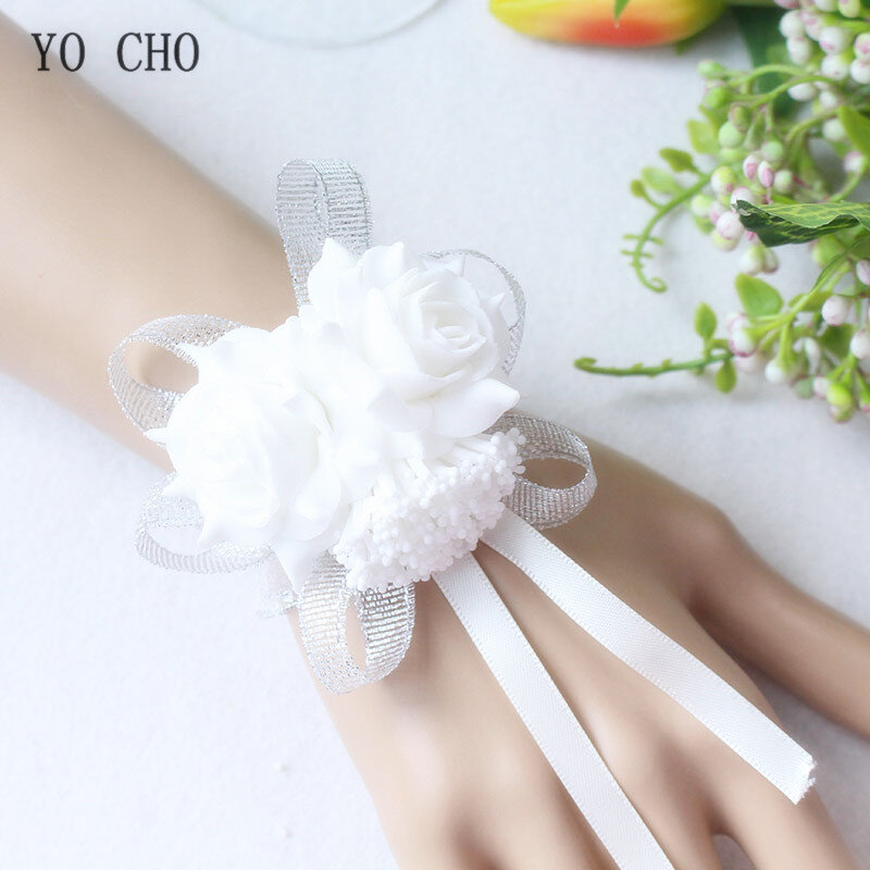 YO CHO Handarbeit Schaum Weiß Rose Handgelenk Blumen für Brautjungfer Handgelenk Corsage Armband Band Hochzeit Zubehör Braut Handgelenk Blume