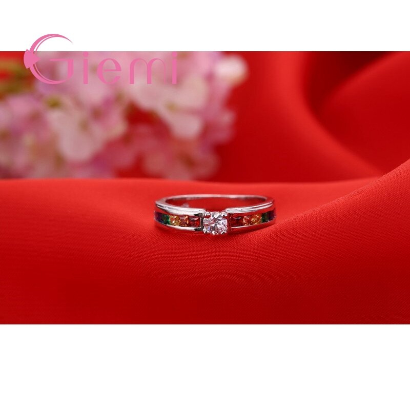 ¡Novedad! anillo de banda de Plata de Ley 925 con cristales de arcoíris coloridos para mujer, joyería de fiesta de boda o compromiso para mujer