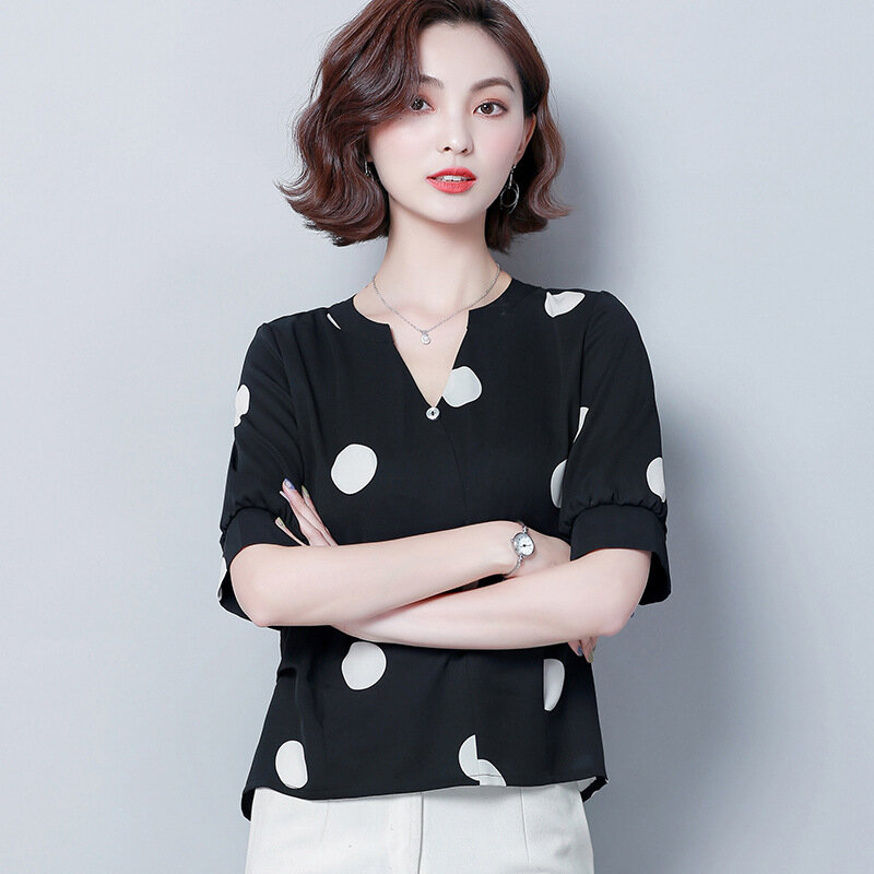 波ポイントシフォンシャツ女性の夏の半袖ブラウス女性の V 襟新韓国のファッションカジュアル作業服 H9084 トップス