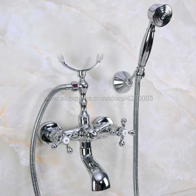 Chrome Polished Wall Mounted Bathroom Tub Faucet W/ Hand Shower Sprayer Clawfoot Mixer Tap Kna226