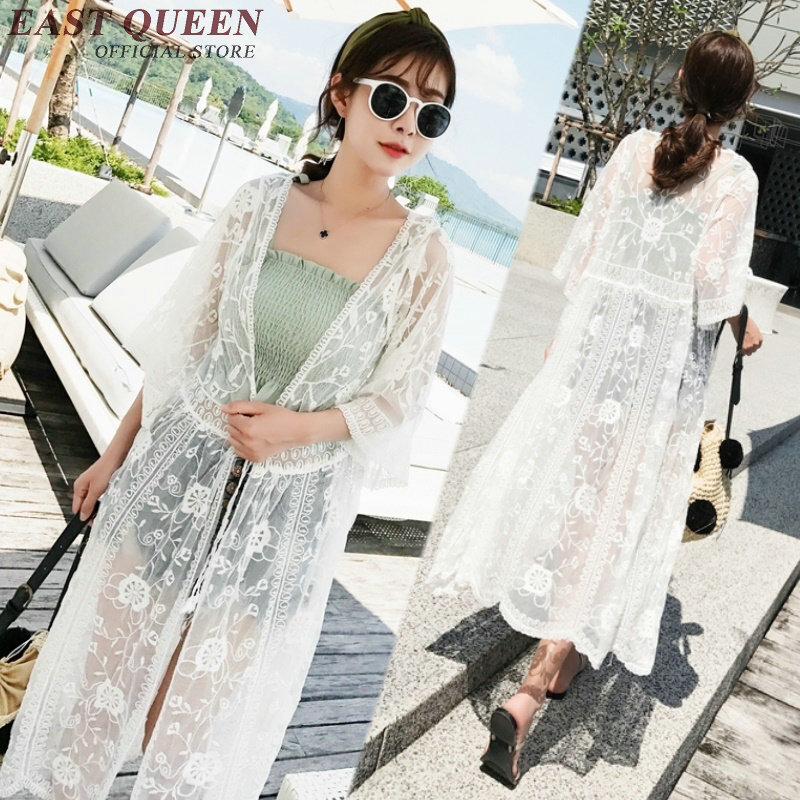 2018 fashion summer long cardigan white lace cardigan flare sleeve mesh cardigan beach tunic free size NN0680 YQ