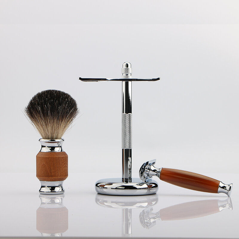 HAWARD Razor Set de afeitado para hombres maquinilla de afeitar de doble filo clásica con 100% brocha de afeitar de pelo de tejón puro + soporte de acero inoxidable