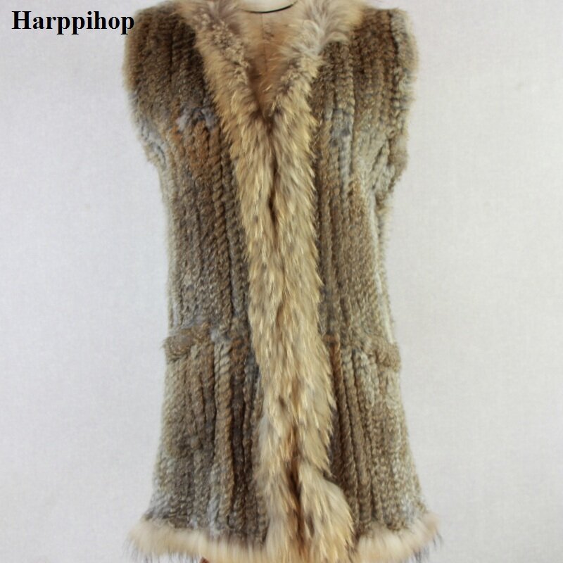 Harppihop colete de pele feminino, de malha real coelho real, casaco de pele, de bolso e gola de guaxinim sem capuz