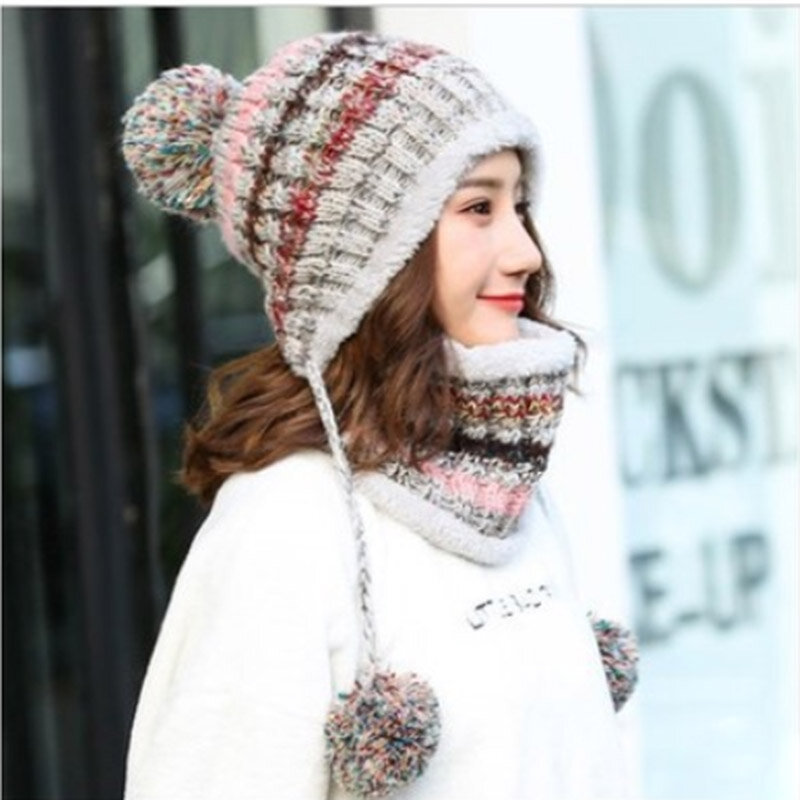 MAERSHEI-따뜻한 모자 한국 버전 니트 플러스 벨벳 두꺼운 와일드 헤어 볼 캡 칼라 세트 여성용, 2020 겨울