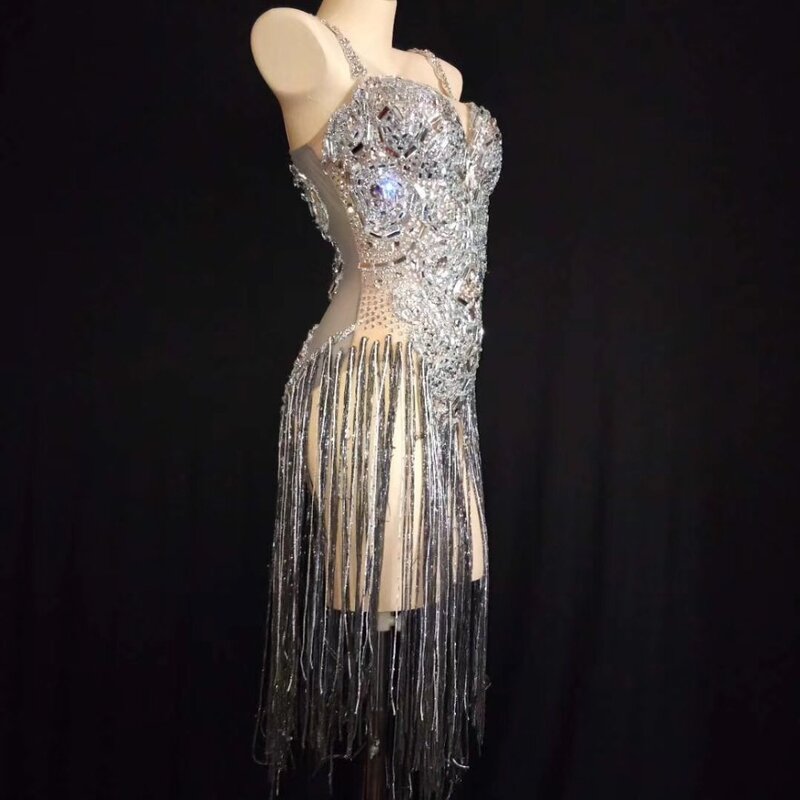 Sexy Bühne Glänzende Silber Kristalle Body Durchsichtig Geburtstag Feiern Mesh Birthdday Outfit Party Dance Sänger Body