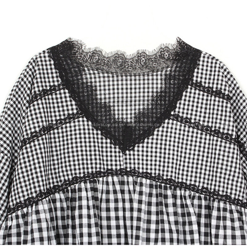 Blusas e camisas de renda gola v manga bufante, uma linha doce meninas padrão solto grande roupas femininas estilosas