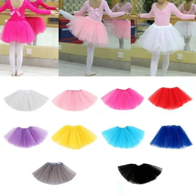 10 Warna Anak-anak Tiga Berlapis Tari Balet Tutu Rok Warna Solid Klasik Mini Gaun Lipit Elastis Pesta Underskirt
