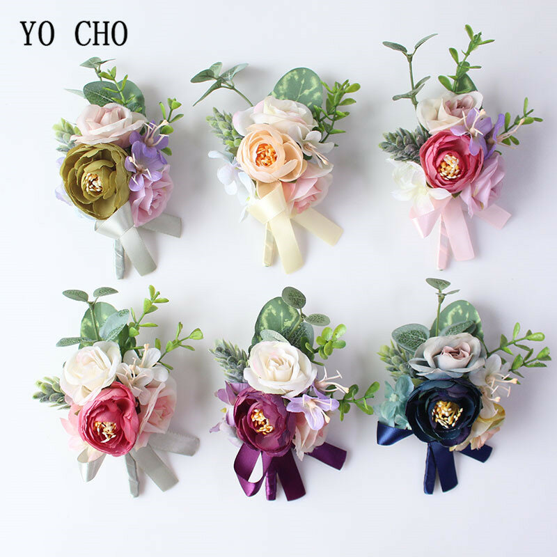 Yo Cho Buatan Tangan Panjang Pita Mini Sutra Rose Pernikahan Pergelangan Tangan Bunga untuk Bridesmaid Pergelangan Tangan Korsase Gelang Groom Boutonniere Korsase
