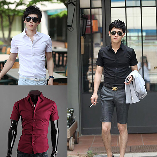 New Arrival Men's Fashion Summer Cool Turn-Down Collar Solid Slim Fit Short Sleeve Shirt