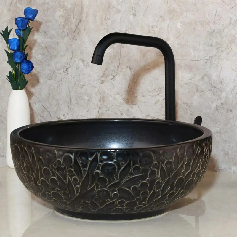 KEMAIDI-lavabo de cerámica para baño, juego de grifería de latón, mezclador de ORB negro, grifos de lavabo de cascada de Bambú