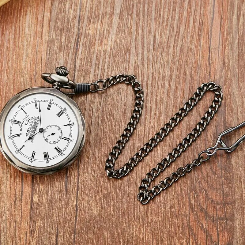 Relógio de bolso mecânico masculino e feminino, prata antiga, relógios London Pocket Fob, esqueleto de vento manual, colar com pingente