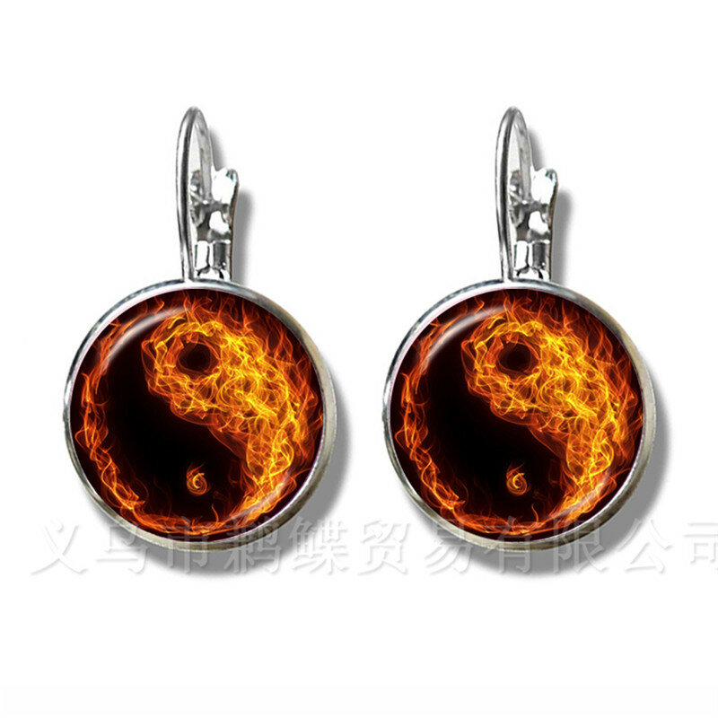 Fire And Water Symbol Jewelry Yin Yang Glass Dome Earrings Taoism Buddhism Spiritual Yin-Yang Harmony Silver Plated Earrings