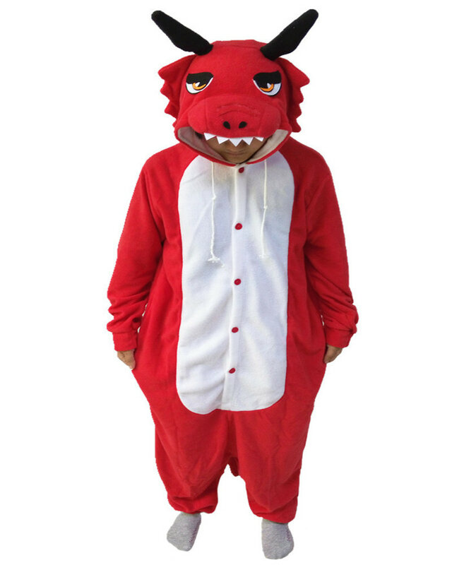 O novo dragão vermelho macacão lazer fantasia dos desenhos animados vestuário inverno animal pijamas inteiro vendas quentes meninas macacão pijamas tamanho S-XL