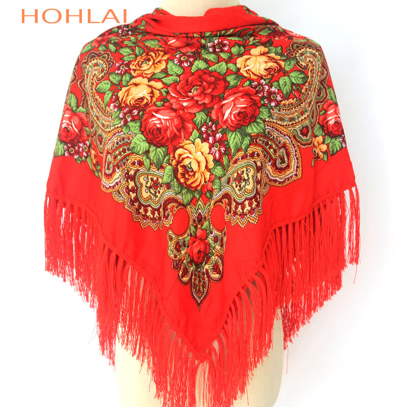 Luksusowa marka Retro styl bawełna drukowanie HandkerchiefOversize plac koce rosyjskich kobiet ślub Tassel szalik jesień szal