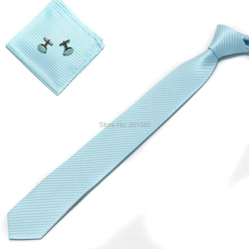 2018 solid stripe men's skinny neck tie set Pocket square cufflinks