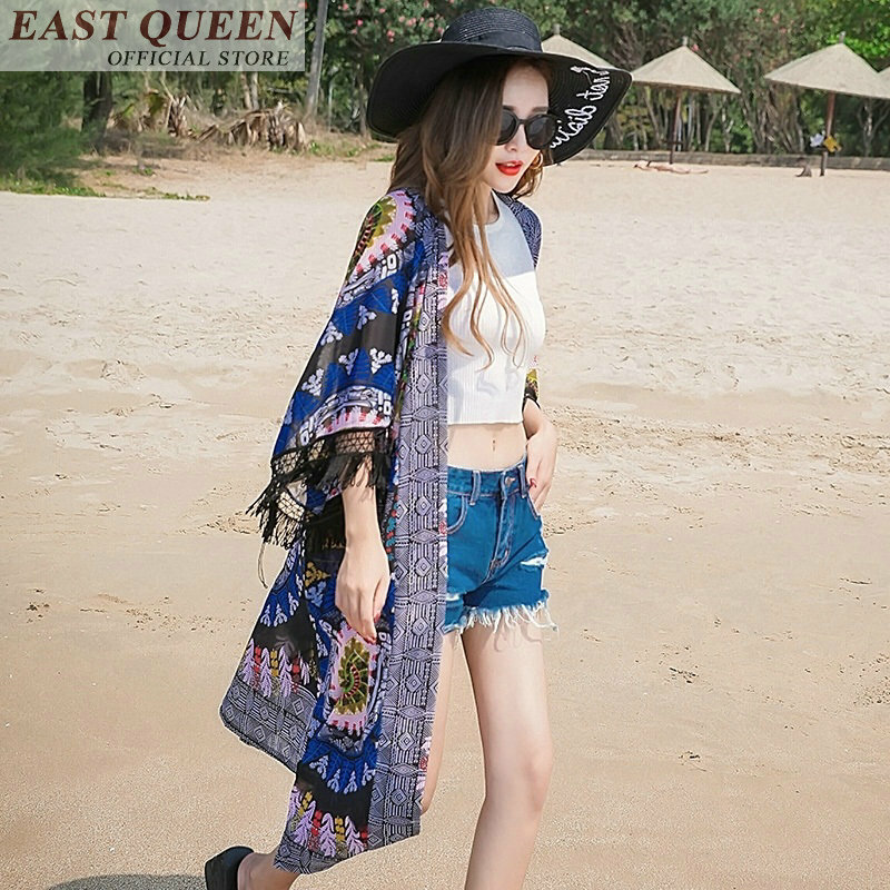 Bohemian phụ nữ dài áo hot bán bãi biển voan tassel floral print v-cổ ba phần tư cánh dơi tay áo sơ mi nữ DD709 L