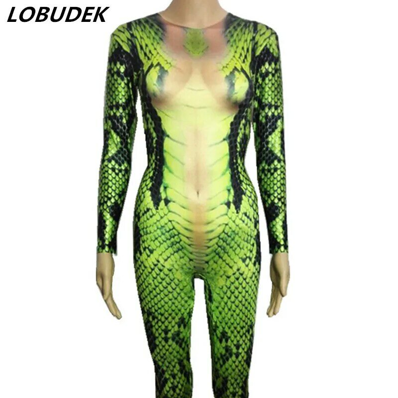 Green Snake Pencetakan Elastis Triko Jumpsuit Klub Malam Pesta Halloween Bar Cosplay Peran Kostum Penari Acara Tahap Bodysuit