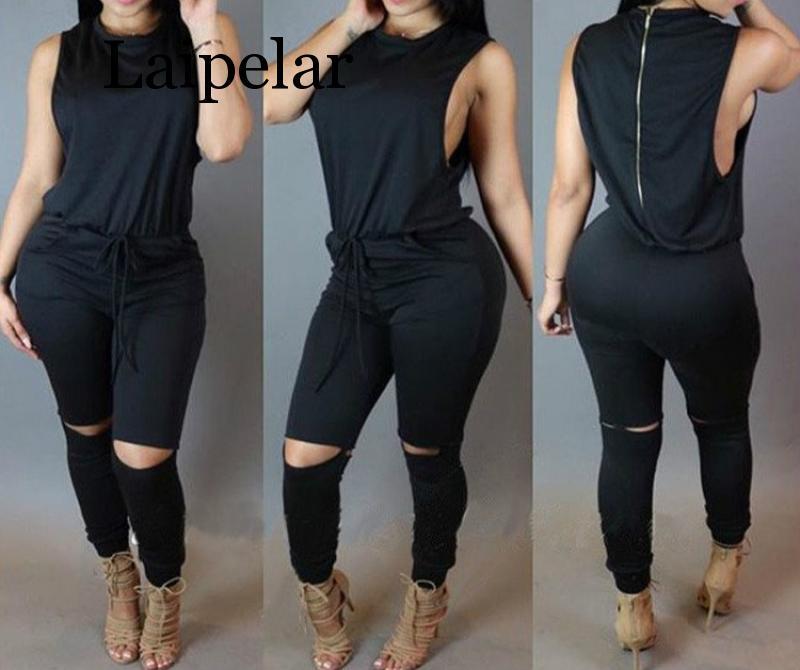 Women hole sleeveless bandage lace up jumpsuit Casual Rompers overalls for female women o-neck zipper jumpsuits women suits