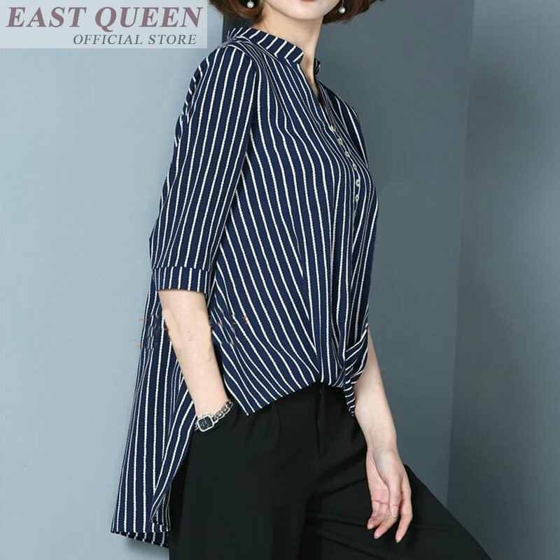 Musim panas wanita blus lengan panjang berdiri kerah bergaris pekerjaan kantor elegan tops fashion wanita asimetris kemeja DD617 L