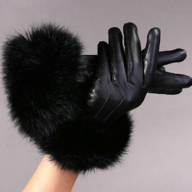 Luxury Fur Touch Screen ผู้หญิงถุงมือหนังฤดูหนาวหญิงหนัง Sheepskin ถุงมือกระต่ายขนสัตว์สุภาพสตรี Mittens