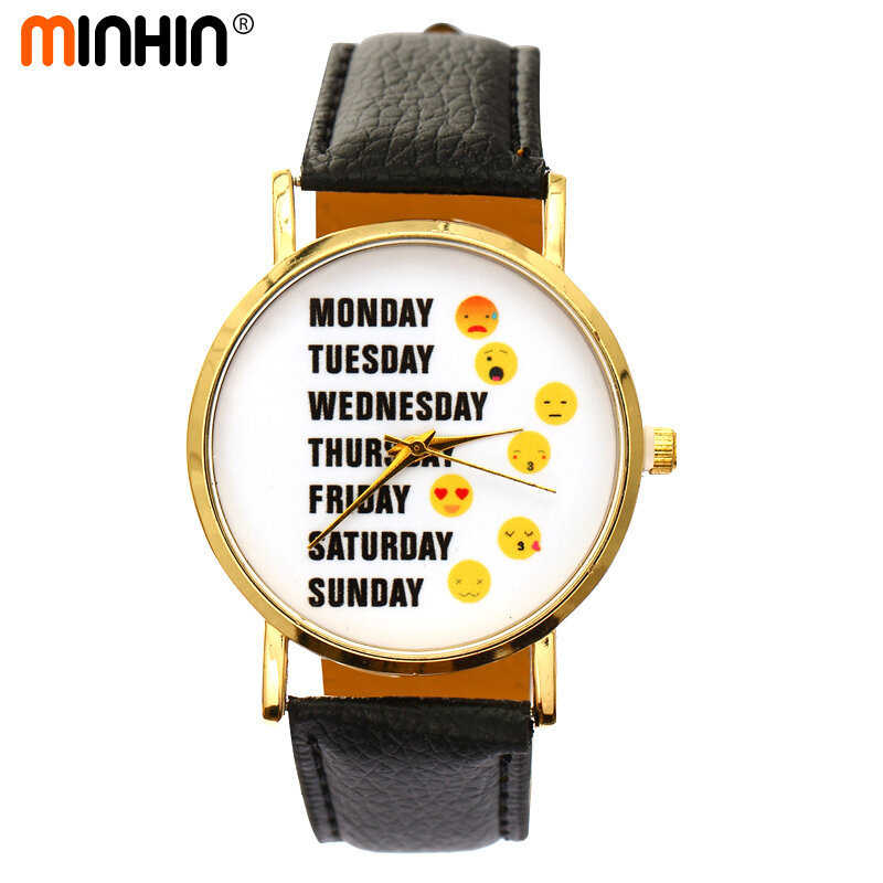 Relojes de pulsera de cuarzo de cuero con estampado de Emoji divertidos para mujeres MINHIN