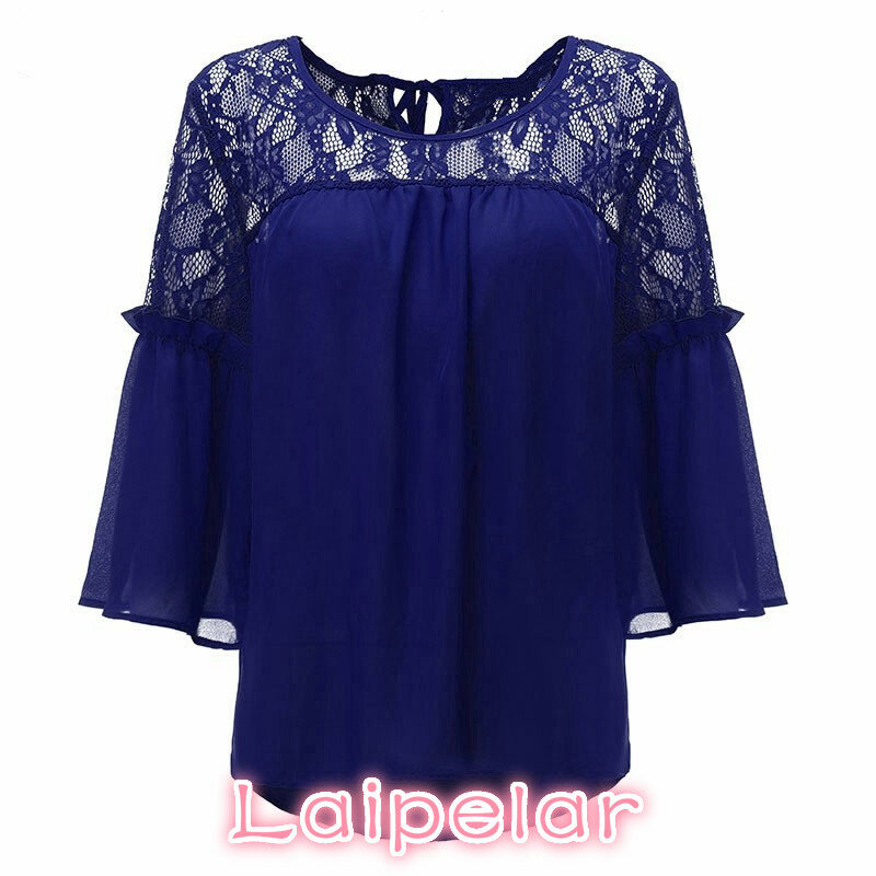 Laipelar Women Shirts  Summer Style Blusas Chiffon Patchwork Lace Solid Shirt Casual Loose White Blouses Tops Plus Size