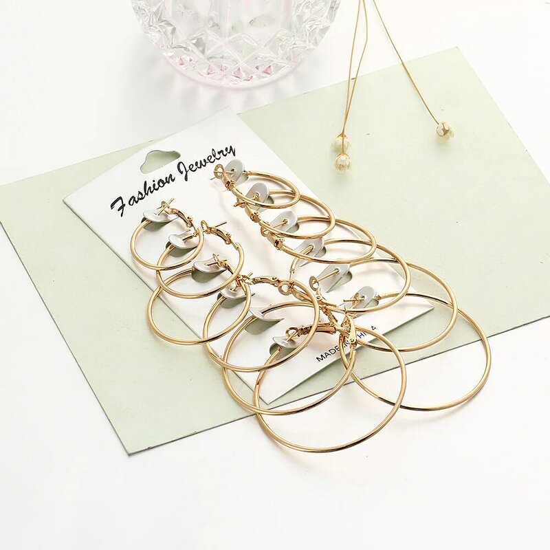 6 Pasang/Set Anting-Anting Hoop Korea Perhiasan Mode Anting-Anting Lingkaran Besar Ukuran Besar untuk Wanita Anak Perempuan Klip Telinga Steampunk