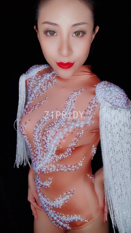 Body en Spandex pour femme, avec des strass et des perles, avec des franges blanches, Costume de chanteur et de danseuse, pour boîte de nuit, soirée, spectacle
