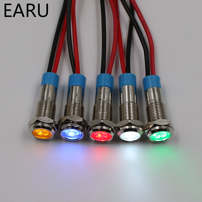 Luz indicadora LED de Metal, lámpara de señal impermeable de 6mm, 3V, 5V, 6V, 12V, 24V, 110V, 220v, con cable rojo, amarillo, azul, verde, blanco