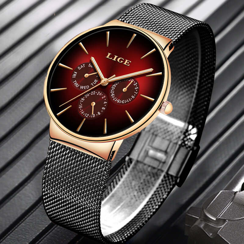 Lige nova moda mens relógios top marca de luxo relógio de quartzo homens malha de aço à prova d' água relógio de pulso ultra-fino para homens relógio esporte
