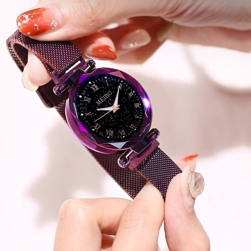 Reloj mujer 2022 moda feminina céu estrelado relógios de malha magnética cinto relógio de pulso feminino vestido luminoso quartzo relógio de pulso zegarek damski