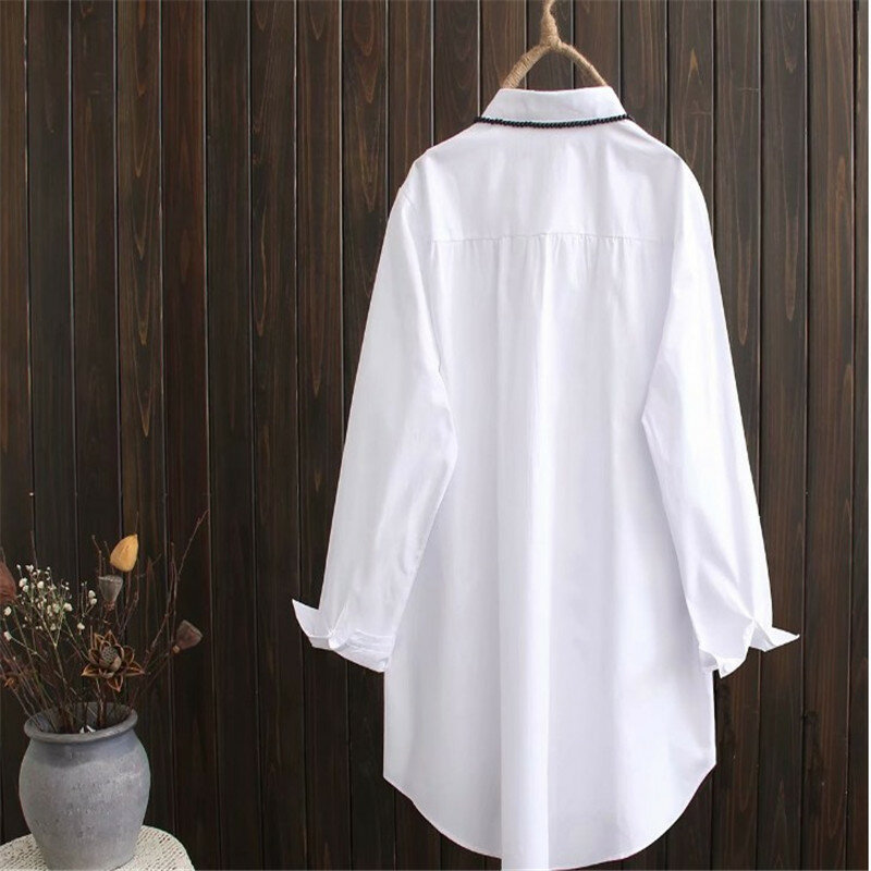 Kobiet topy duży rozmiar Blusas biała bluzka z długim rękawem wiosna nowy luźna, Slim koreański styl bawełniana haftowana długie koszule XL 4XL