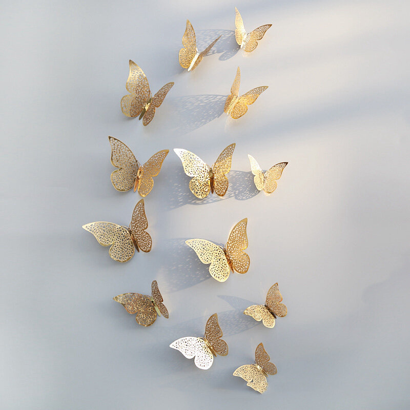 Autocollants muraux 3D creux en papier papillon | 3 tailles, en argent et or, ensemble de 12 pièces d'autocollants pour réfrigérateur, décor pour fête et mariage bricolage à la maison