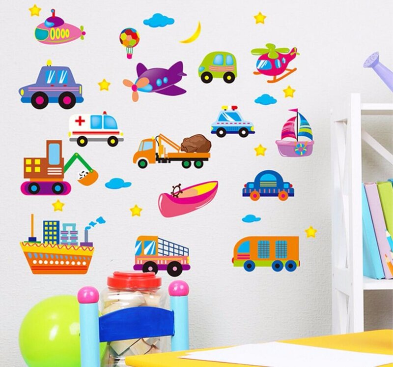 Мультяшные автомобили, наклейки для детской комнаты, мальчика, спальни, задний плакат, 3D Автомобильные наклейки на стену, обои