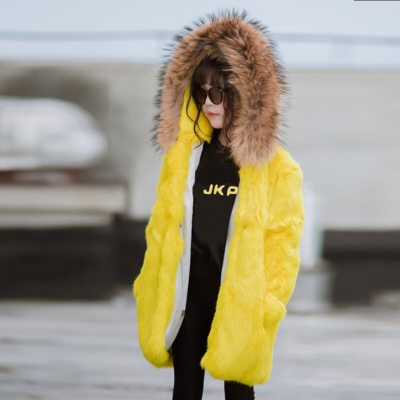 JKP-abrigo de piel de conejo Real para niños y niñas, abrigo de cuello de piel de mapache Natural, sólido y cálido, invierno, novedad de 2022