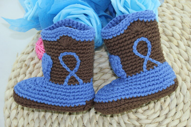 Pengiriman Gratis, Sepatu Bot Koboi Bayi Rajutan Buatan Tangan Lucu Alat Peraga Foto Baru Lahir-Coklat/Biru