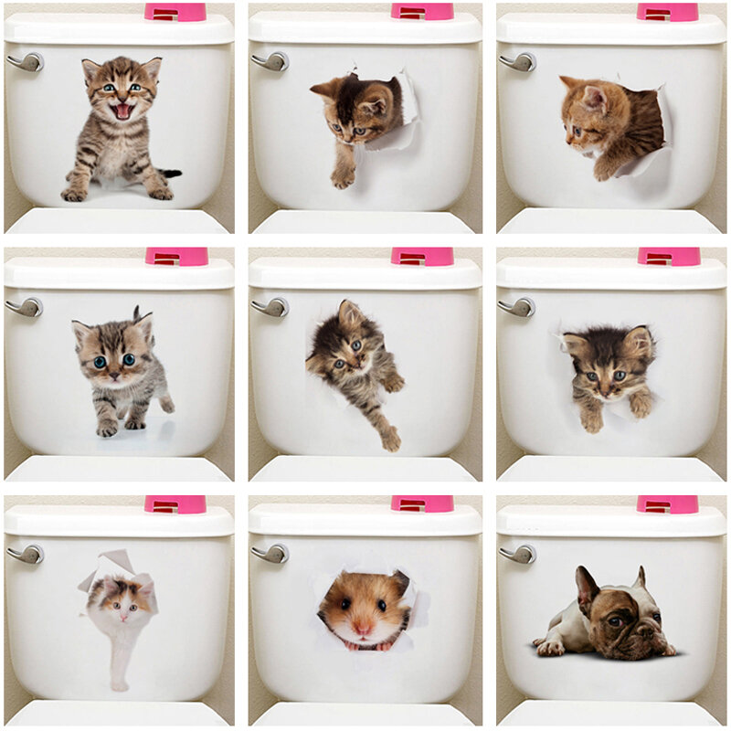 Hidup 3D Lubang Hewan Kucing Anjing Toilet Stiker Dekorasi Rumah DIY WC Kamar Mandi PVC Poster Kucing Anjing Kartun Dinding Seni stiker